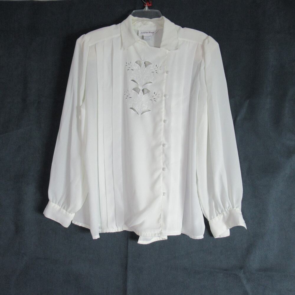 Vintage Josephine Top Womens 36 White Floral Cutout Pleated Sheer Blouse Work